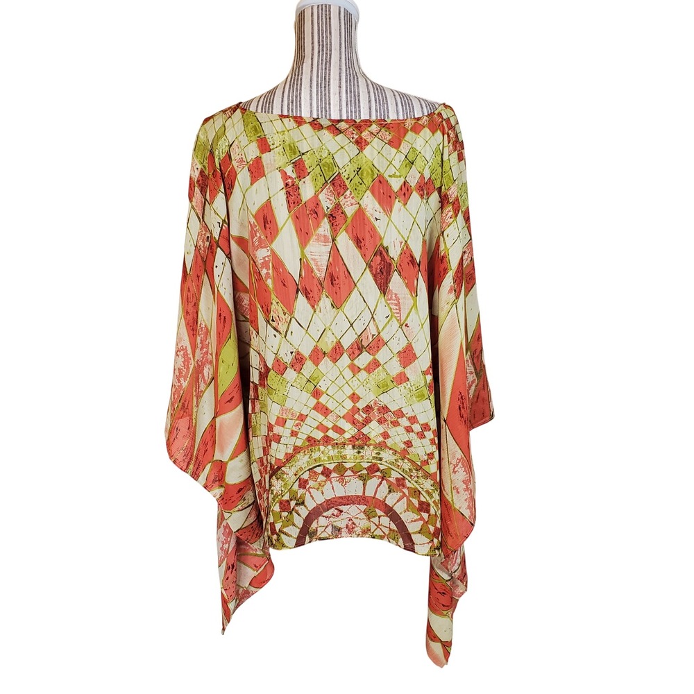 Unique Spectrum Women‎ Geometric Harlequin Poncho Top Coral Green Size 14/16